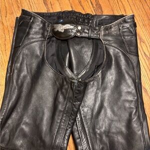 Woman’s Vetter Black Leather Chaps with Eagle Buckle-Medium